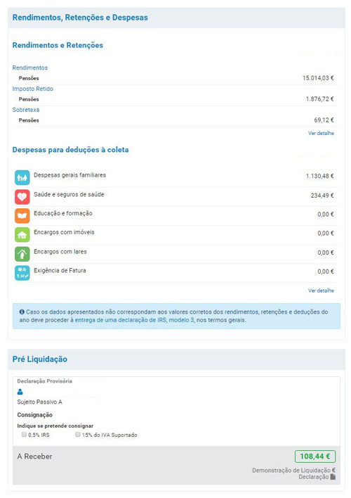 Página do site e-fatura com os valores de rendimentos, retenções e despesas para o IRS automático